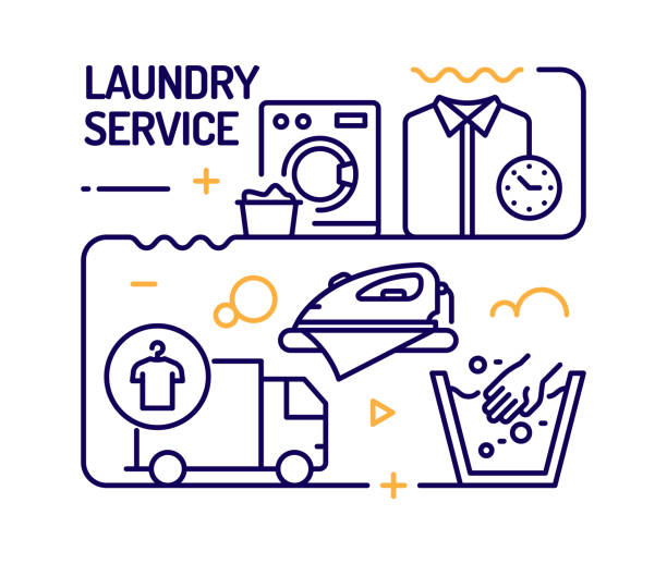 Laundry and Dry Cleaning Concept, Line Style Vector Illustration